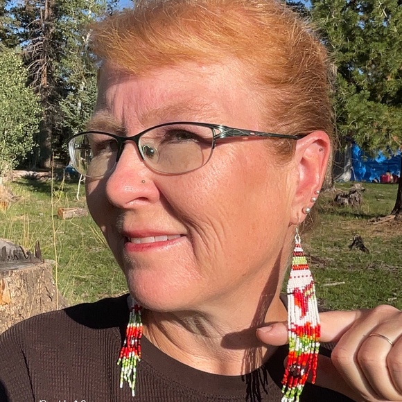 Hummingbirds over Flowers Beaded Earrings with Fringe, New, Handmade by Me - Picture 8 of 9